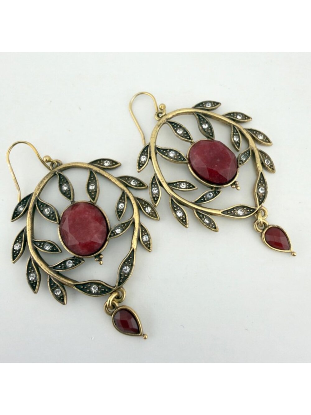 Lucky Brand Earrings Dangle Red Stone Aged Gold Tone Leaf and Vine Boho